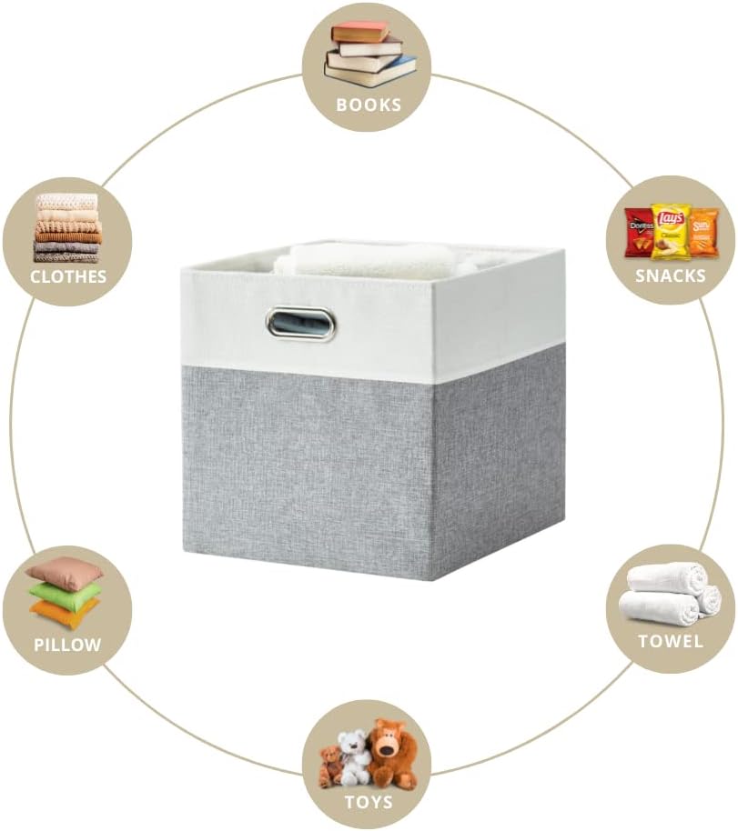 DECOMOMO Fabric Cube Storage Bin - Storage Baskets for Shelves, Kallax (Grey & White, 13 inch Cube) - 4 Pack - PuriLite