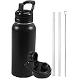 FineDine Water Bottle - Stainless Steel Insulated Water Bottle with Straw Lid, Flip Lid & Wide-Mouth Cap - Keeps Hot and Cold - 25 Oz / 739ml - Pure Pearly White - PuriLite