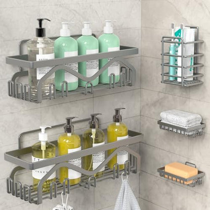 Coraje Adhesive Shower Caddy, 5-Pack Shower Shelves, Large Capacity Load Bearing 40 LBS Shower Organizer, No Drilling Shower Shelf, Rustproof Stainless Steel Bathroom Shower Storage, Black - PuriLite