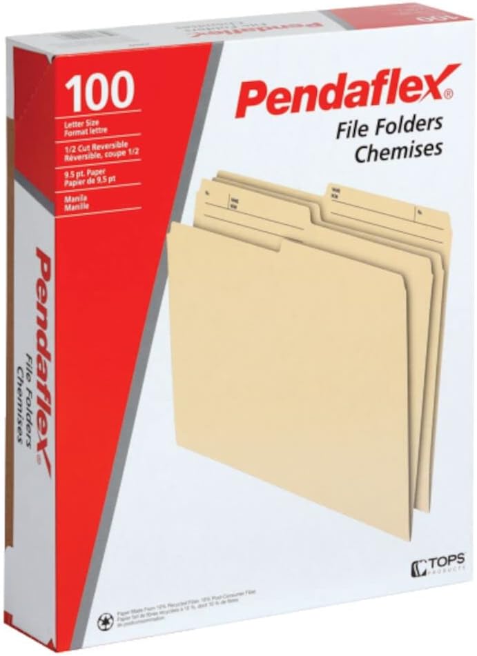 Pendaflex File Folders, 1/2 Cut Tab, Letter Size, Manila, Durable & Tear-Resistant File Organizers, 100/Box for Office, Home & School Filing Systems, Reversible & Eco-Friendly Design - PuriLite