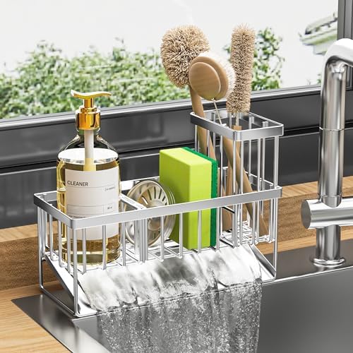 Cisily Kitchen Sink Caddy Organzier with High Brush Holder, Sponge Holder for Sink, 304 Rustproof Stainless, Kitchen Countertop Soap Dispenser Organizer, Kitchen Decor and Accessories (Black) - PuriLite