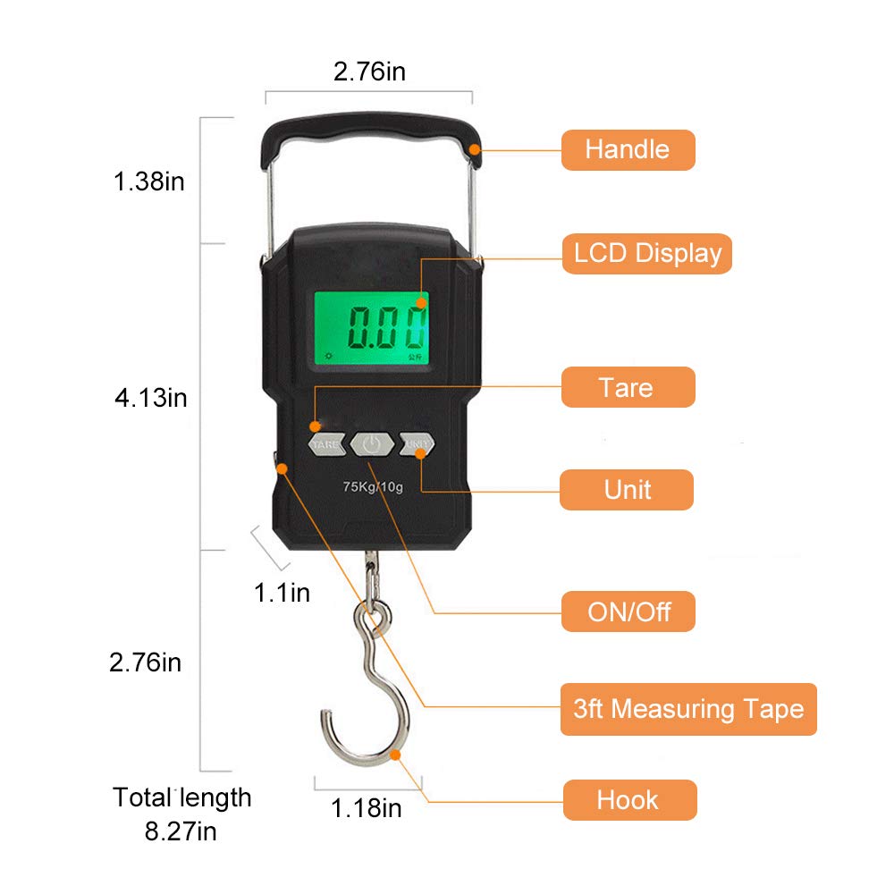 YAGSUW Portable Electronic Hook Scale Digital Hanging Bag Luggage Weight Scale Fishing Scale with Measuring Tape 165Lb Black - PuriLite