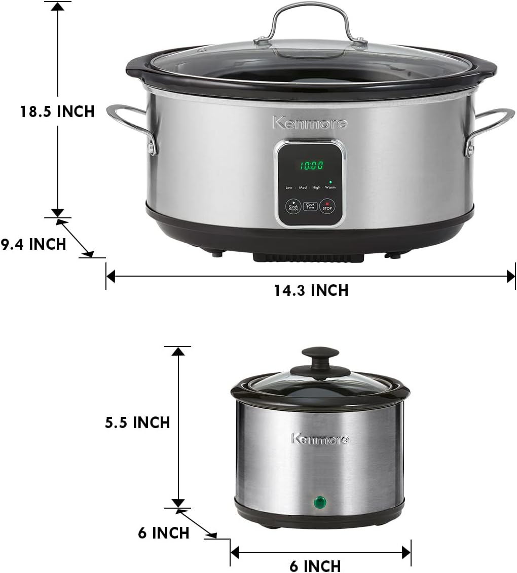 Kenmore 7 Quart Slow Cooker - Programmable Crock Pot with Dipper, Stainless Steel Electric Cookers, Warm Rice & Sous Vide Stew Soup for Lunch, Dishwasher Safe Non-Stick Ceramic Insert, Digital Control - PuriLite