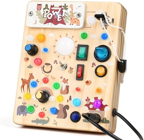 Joyreal Montessori Busy Board Wooden Sensory Toys for Toddler with LED Light Up Switch, Baby Fidget Board Travel Toys for 18+ Months, Boys Girls Birthday - PuriLite