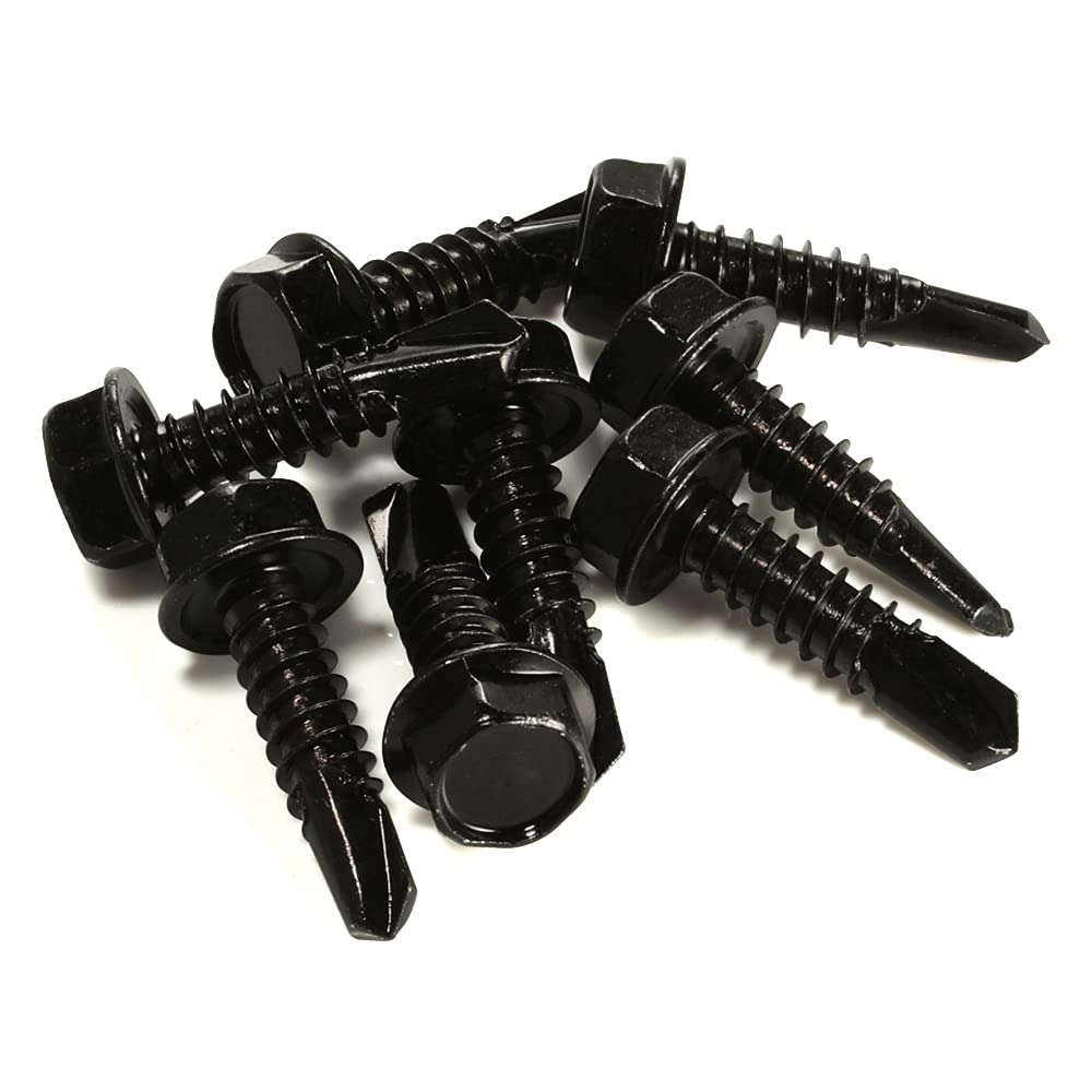 #10 x 1 Hex Washer Head Self Tapping Drilling Screws Black Oxidized, 410 Stainless Steel, 100 PCS - PuriLite