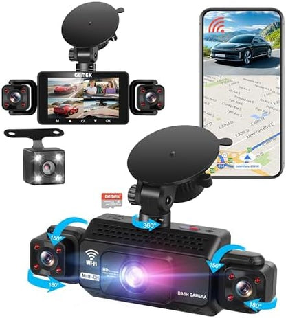 4 Channel Dash Cam 360° View 5G WiFi & APP Control, GEMEK 2K Front and Rear Inside, Left Right Dash Camera for Cars Free 64GB TF Card, G-Sensor, Night Vision, 24H Parking Mode - PuriLite