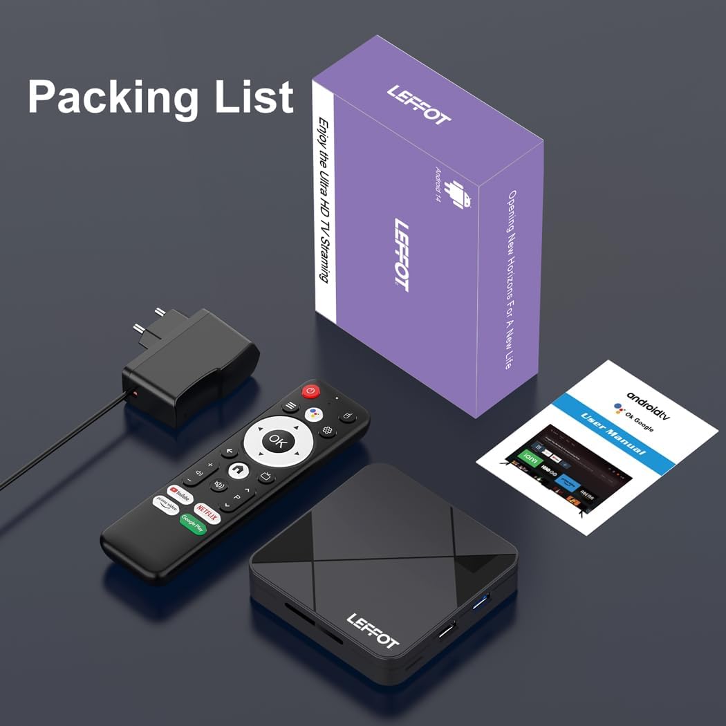 LEFFOT Android TV Box 2025,4K UHD Steaming Devices for TV,2GBRAM + 8GBROM,with HDR10,2.4G&5G WIFI6,BT 5.0,Smat TV Box RK3518 - PuriLite