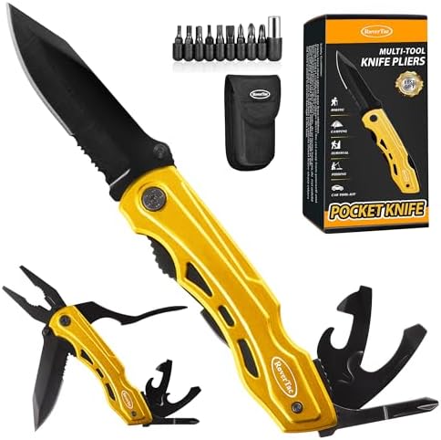 RoverTac Pocket Knife Tactical Folding Knife Multi Tool Survival Camping Knife, Multitool Knife Pliers Bottle & Can Opener 9-Pack Screwdrivers Liner Lock Nylon Sheath, Pocket Knife for Camping Hiking - PuriLite
