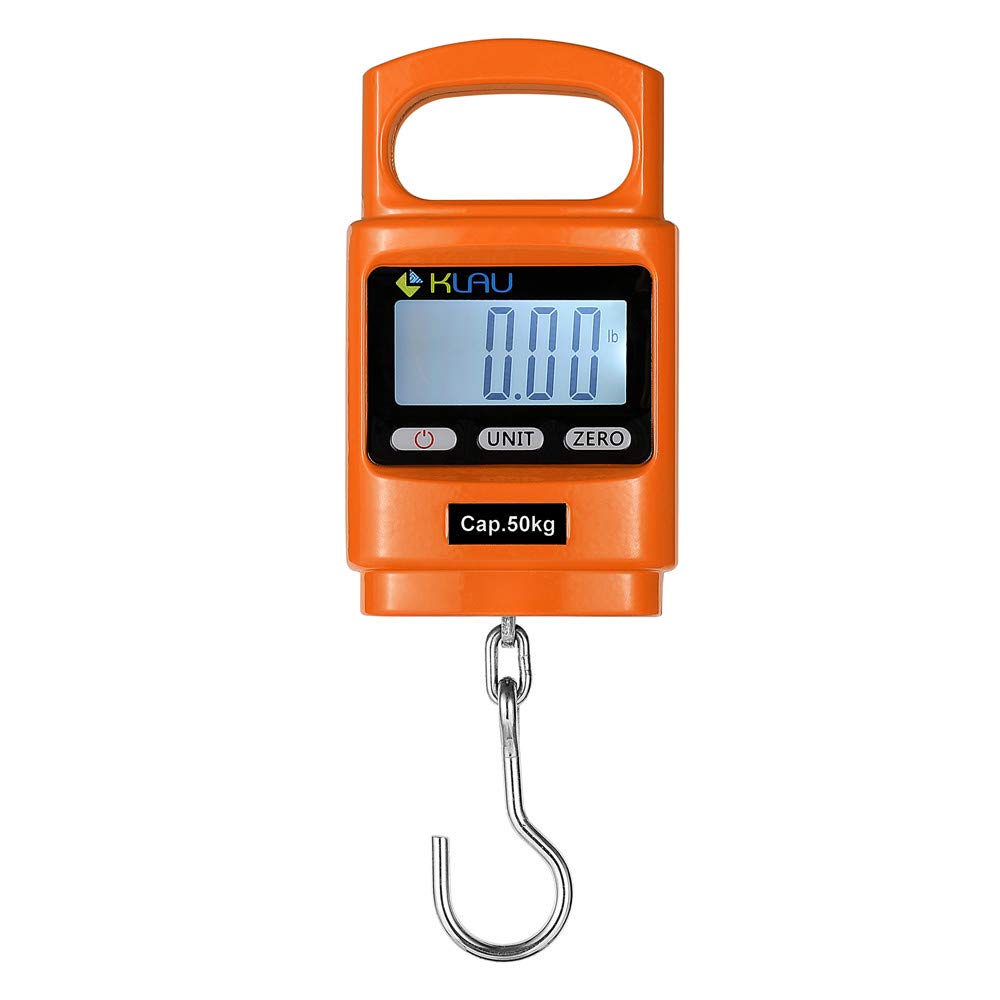 Klau Portable Fish Weighing Scales 100 lb / 1600 oz Heavy Duty Digital Hanging Scale LCD Display with Backlight Orange for Home Farm Hunting Outdoor - PuriLite