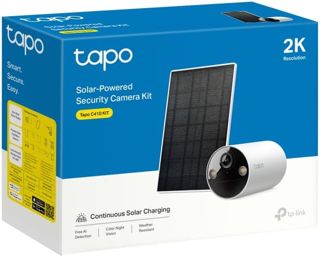 TP-Link Tapo Solar-Powered Security Camera Kit, 2K Wireless Battery Camera w/Solar Panel Base, Smart Person Detection, SD/Cloud Storage, Spotlight Color Night Vision, No Hub Needed (Tapo C410 KIT) - PuriLite