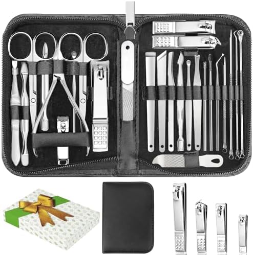 Nail Clippers Set, 26 Piece Manicure Set & Pedicure Kit, Stainless Steel Fingernail & Toenail Clipper Cutters, Professional Nail Care Tools with Luxurious Travel Case for Men and Women, Black - PuriLite