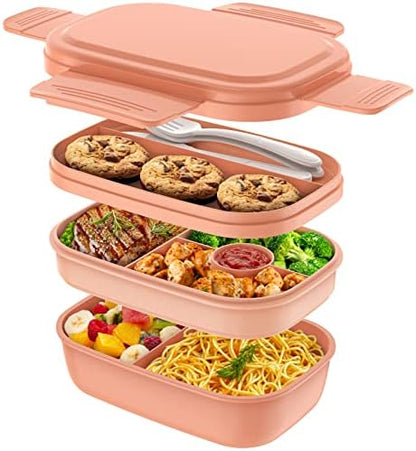 Bento Box Adult - 3 Layers Stackable Lunch Containers for Adults & Kids, 72oz Large Salad Containers for Lunch with Utensil Sauce Dressing Containers for Dining Out,Work,Pink - PuriLite