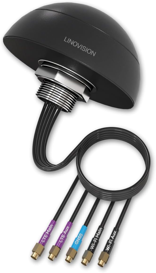 LINOVISION 4G LTE MIMO Combo 5-in-1 Antenna, 2X 4G LTE, 1x GNSS, 2X Wi-Fi, Outdoor Roof SMA Antenna with 10ft Cable, Works with IOT-R32, Inhand IR302, Teltonika RUT241/RUT240/RUT360/RUT956 (PR1KCO28) - PuriLite