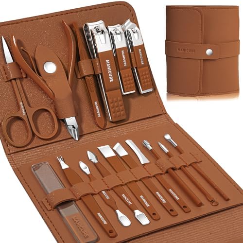 Manicure Set Professional Nail Clippers Pedicure Kit, 16 pcs Stainless Steel Nail Care Tools Grooming Kit with Luxurious Travel Leather Case for Thick Nails Men Women Gift (Black) - PuriLite