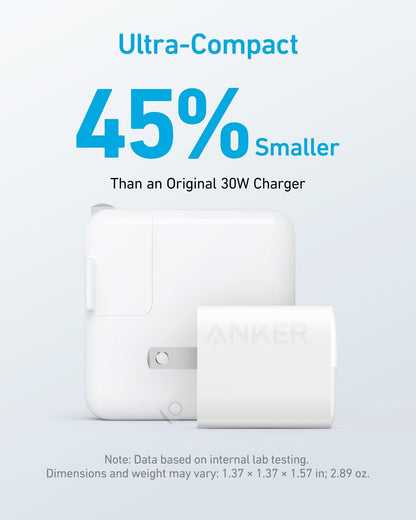 Anker USB C Charger, 323 Charger (33W), 2 Port Compact Charger with Foldable Plug for iPhone 14/14 Plus/14 Pro/14 Pro Max/13/12, Pixel, Galaxy, iPad/iPad Mini and More (Cable Not Included) - White - PuriLite