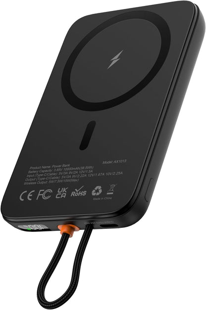 AsperX for Magsafe Power Bank, 10000mAh Wireless Magnetic Power Bank, 22.5W Wire Fast Charging Portable Charger with USB C Cable, LCD Display for Magsafe Battery Pack for iPhone 16/15/14/13/12 - PuriLite