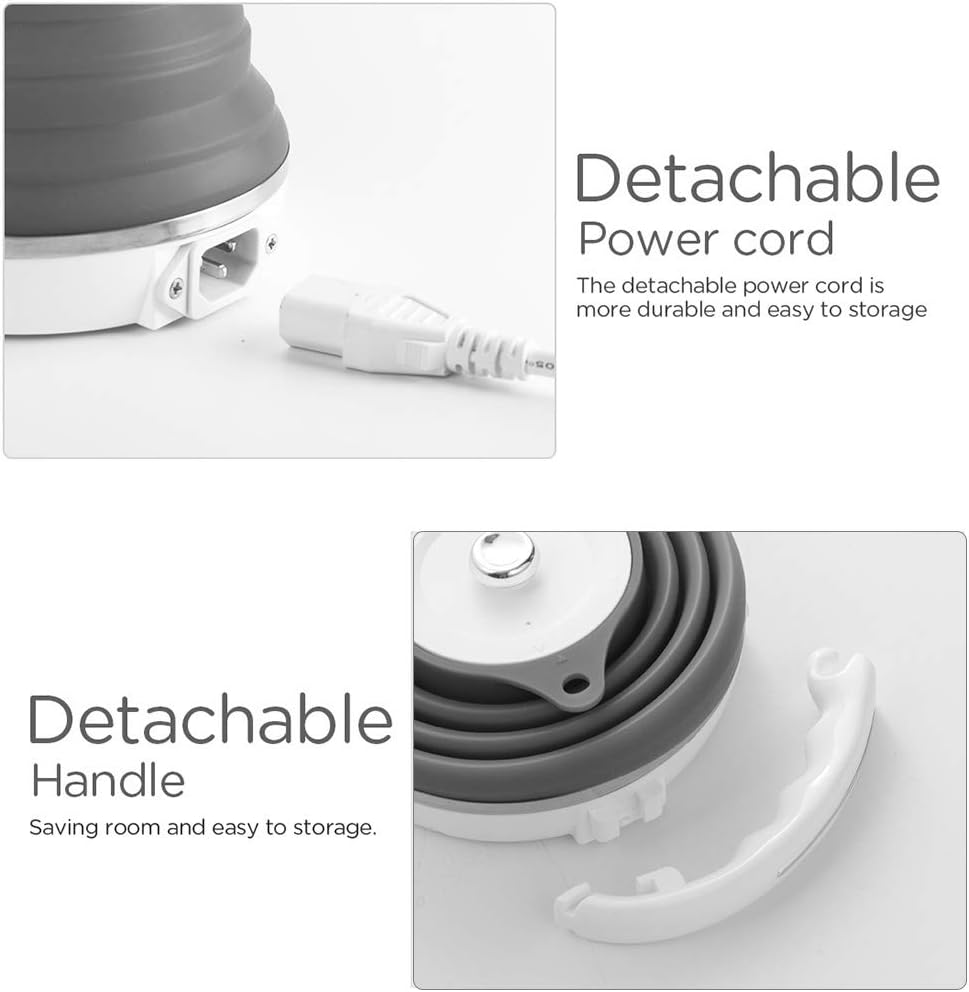 120V 555ML Ultrathin Travel Foldable Electric Kettle with Separable Power Cord and Handle, Boil Dry Protection, Food Grade Silicone - PuriLite