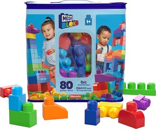 MEGA BLOKS First Builders Toddler Blocks Toys Set, Big Building Bag with 80 Pieces and Storage, Blue, Ages 1+ Years - PuriLite