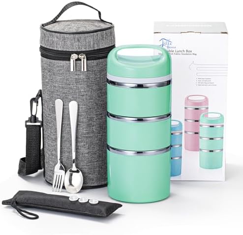 Lille Home Stackable Stainless Steel Thermal Compartment Lunch/Snack Box, 3-Tier Insulated Bento/Food Container with Lunch Bag, Cutlery Set and 3 Extra Seals, 43OZ (Gray) - PuriLite