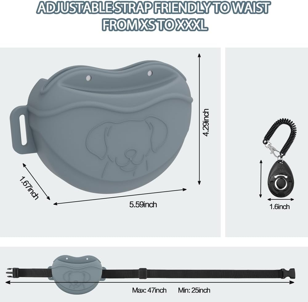 TUCANA Silicone Dog Treat Pouch for Pet Training – Upgraded 4 Strong Magnets Enhanced Magnetic Closure, Ease of Cleaning, Come with Adjustable Wasit Belt and Effective Dog Clicker (Grey) - PuriLite