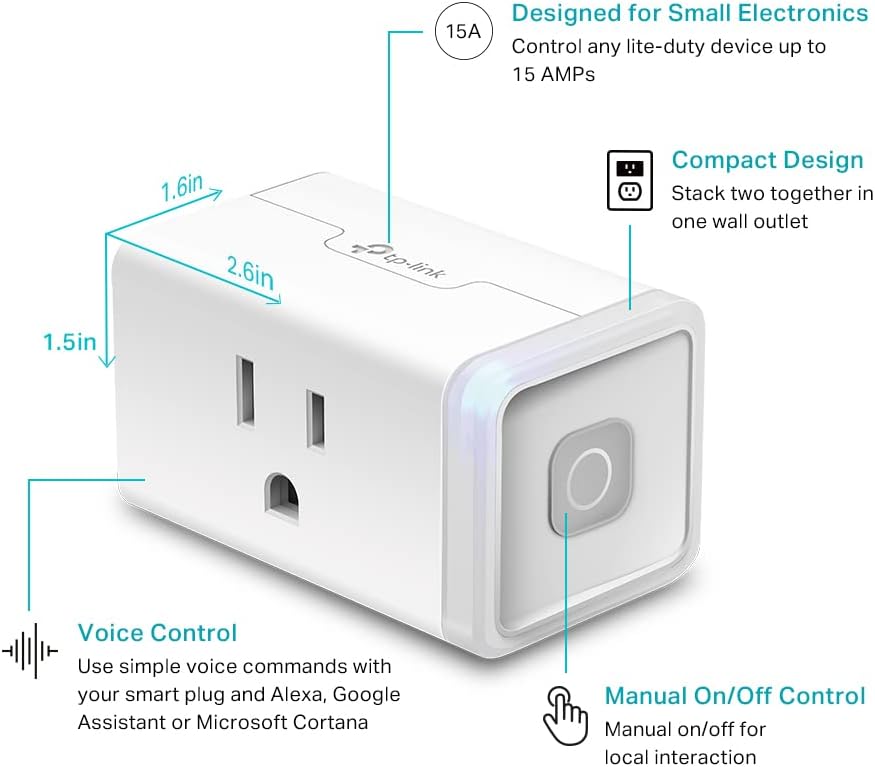 Kasa Smart Plug Mini by TP-Link (HS103P2) - Smart Home WiFi Outlet Works with Alexa, Echo and Google Home, No Hub Required, Remote Control, 2.4GHz WiFi Required, 15 Amp, UL Certified, 2-Pack, White - PuriLite