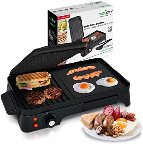 NutriChef Electric Griddle - Dual Hot Plate Cooktop Crepe Maker with Press Grill, Nonstick Coating, Rotary Temperature Control, Plug-in Operation & Oil Tray for Kitchen & Countertop (PKGRIL43) - PuriLite