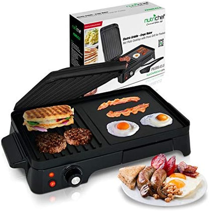 NutriChef Electric Griddle - Dual Hot Plate Cooktop Crepe Maker with Press Grill, Nonstick Coating, Rotary Temperature Control, Plug-in Operation & Oil Tray for Kitchen & Countertop (PKGRIL43) - PuriLite