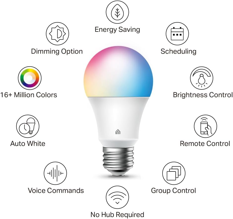 Kasa Smart Light Bulbs, Full Colour Changing Dimmable Smart WiFi Bulbs Compatible with Alexa and Google Home, A19, 9W 800 Lumens,2.4Ghz only, No Hub Required, 2-Pack (KL125P2), Multicolour - PuriLite