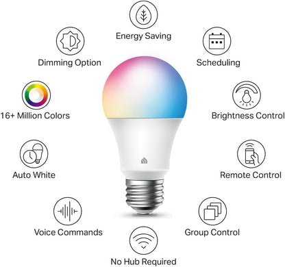 Kasa Smart Light Bulbs, Full Colour Changing Dimmable Smart WiFi Bulbs Compatible with Alexa and Google Home, A19, 9W 800 Lumens,2.4Ghz only, No Hub Required, 2-Pack (KL125P2), Multicolour - PuriLite