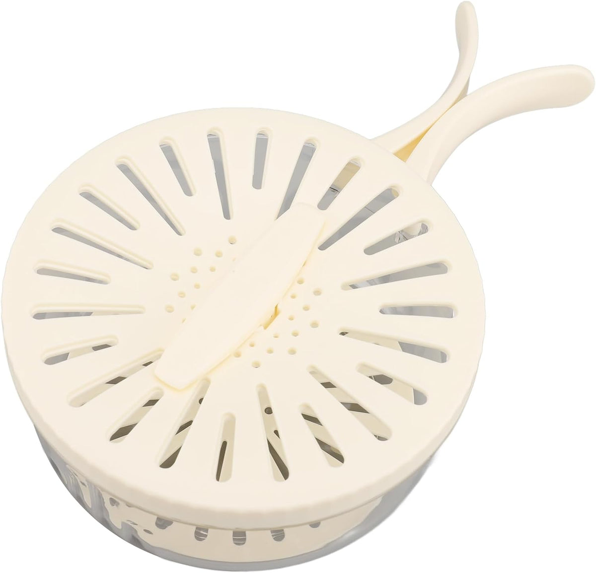 Fruit Vegetable Draining Bowl, Kitchen Strainer with Foldable Handle, Lid, Drain Tray, Rotating Fruit and Vegetable Washing Colander for Salad Mixing, Fruit Washing (White) - PuriLite