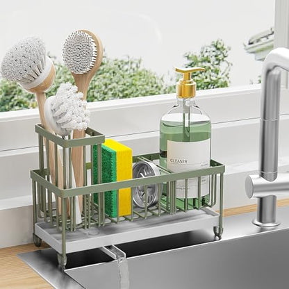 Cisily Sponge Holder for Kitchen Sink, Sink Caddy with High Brush Holder, Organzier Rustproof 304 Stainless Steel Dish Organizer Divider, Soap Dispenser Storage (Black) - PuriLite