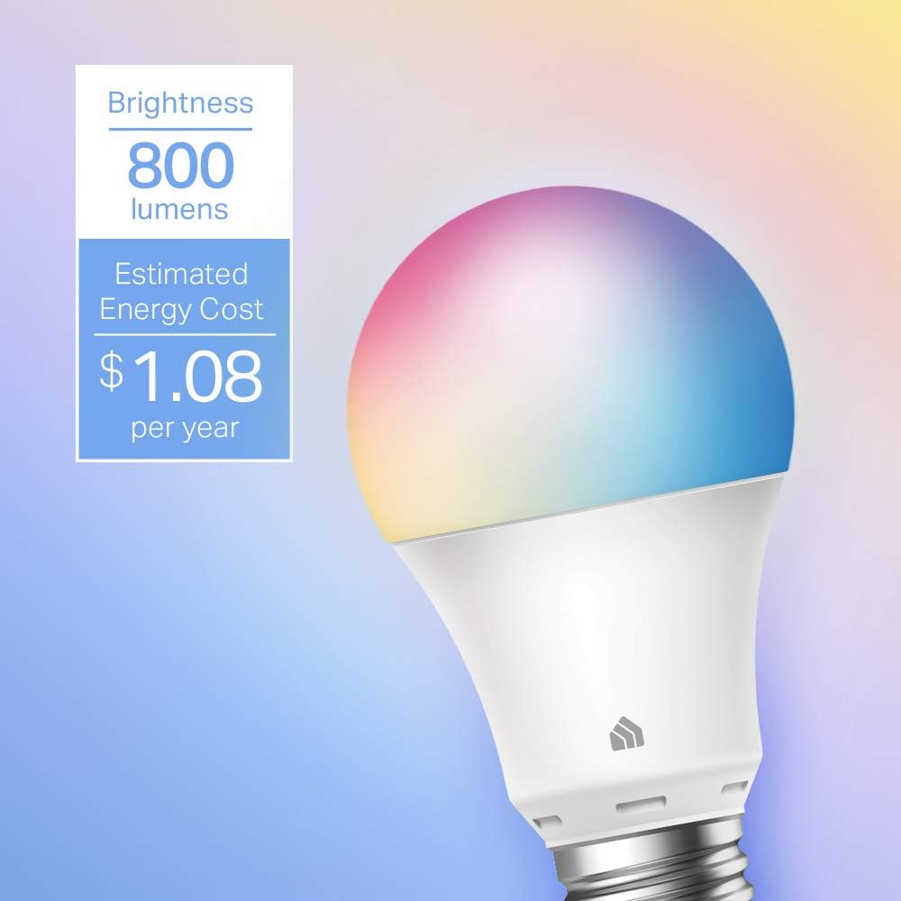 Kasa Smart Light Bulbs, Full Colour Changing Dimmable Smart WiFi Bulbs Compatible with Alexa and Google Home, A19, 9W 800 Lumens,2.4Ghz only, No Hub Required, 2-Pack (KL125P2), Multicolour - PuriLite