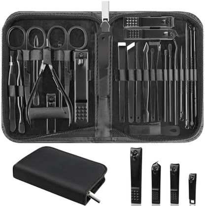 Nail Clippers Set, 26 Piece Manicure Set & Pedicure Kit, Stainless Steel Fingernail & Toenail Clipper Cutters, Professional Nail Care Tools with Luxurious Travel Case for Men and Women, Black - PuriLite