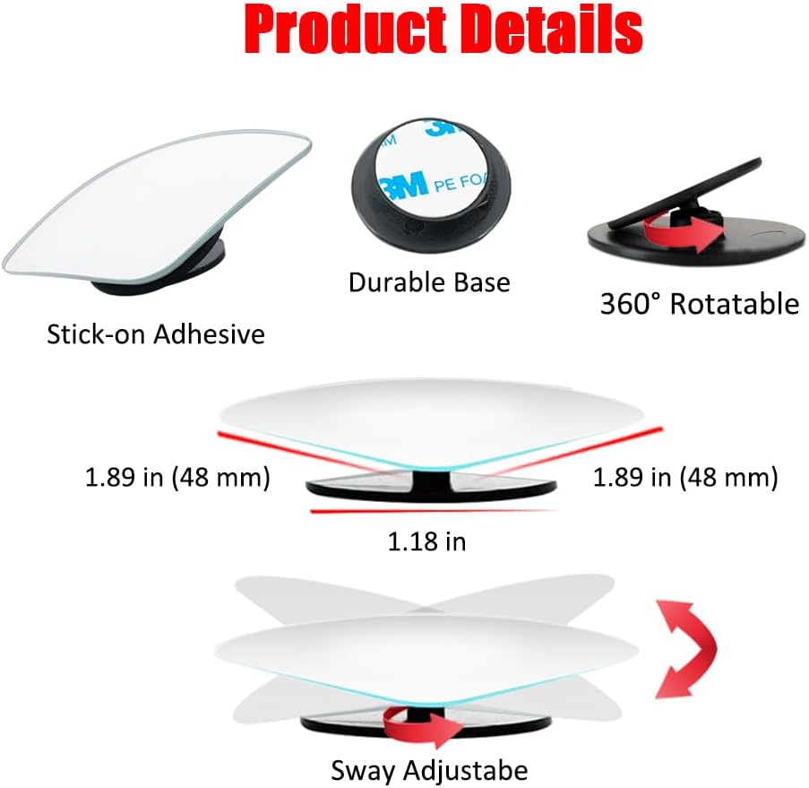 Ampper Blind Spot Mirror, 2" Round HD Glass Frameless Convex Rear View Mirror, Pack of 2 - PuriLite