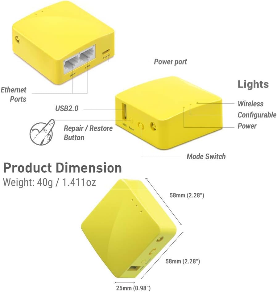 GL.iNet GL-MT300N-V2(Mango) Portable Mini Travel Wireless Pocket VPN WiFi Router - Access Point/Extender/WDS | OpenWrt | 2 x Ethernet Ports | OpenVPN/Wireguard VPN | USB 2.0 | 128MB RAM - PuriLite