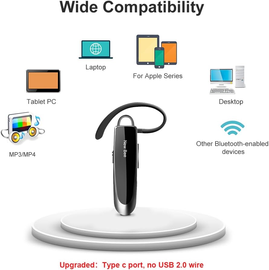 Bluetooth Headset New Bee 24Hrs V5.0 Bluetooth Earpiece Wireless Handsfree Driving Headset with Noise Canceling Mic Headset Case for iPhone Samsung Android Mobile Cell Phone Tablets Office - PuriLite