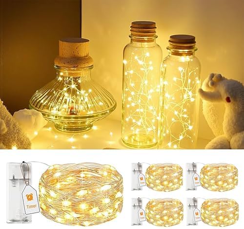 AlldGuo 2-Pack Fairy Lights Battery Powered – 2M 20 LED Warm White Twinkle Lights with Timer, Flexible Silver Wire Indoor String Lights for Bedroom, Christmas, Halloween, Party, DIY Decor - PuriLite