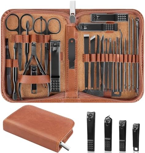 Nail Clippers Set, 26 Piece Manicure Set & Pedicure Kit, Stainless Steel Fingernail & Toenail Clipper Cutters, Professional Nail Care Tools with Luxurious Travel Case for Men and Women, Black - PuriLite