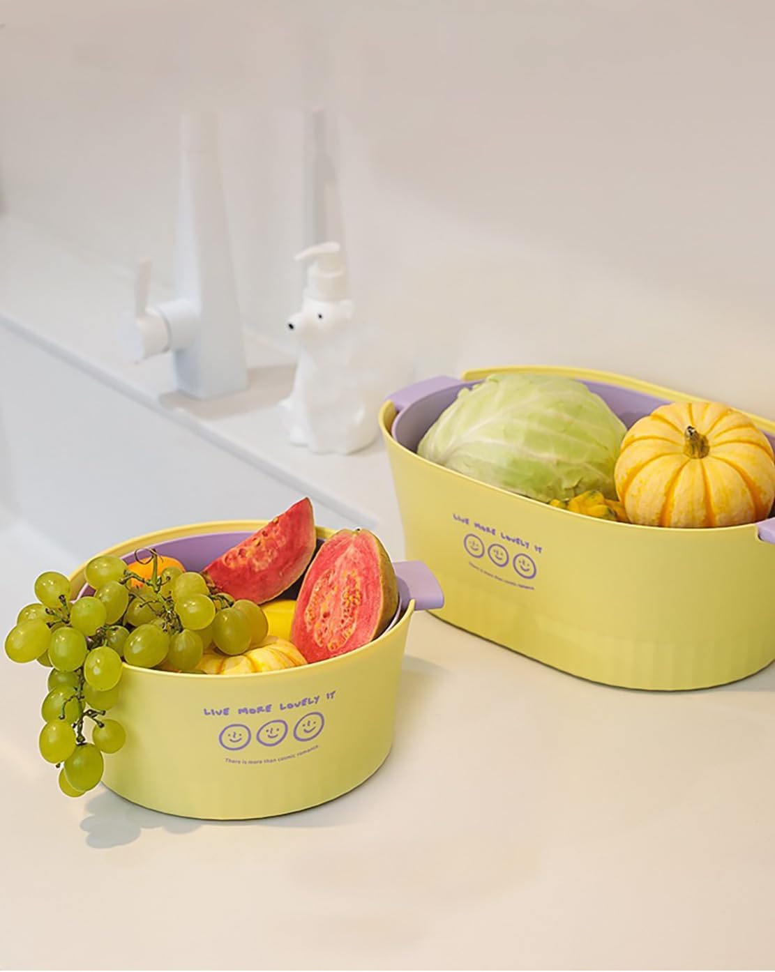 Kitchen Washbas Food Strainer Drain Basket Rotating Drainer Double-Layer Basin Vegetable Fruit Washing Strainer - PuriLite