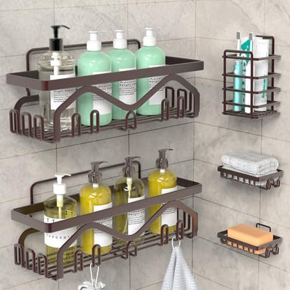 Coraje Adhesive Shower Caddy, 5-Pack Shower Shelves, Large Capacity Load Bearing 40 LBS Shower Organizer, No Drilling Shower Shelf, Rustproof Stainless Steel Bathroom Shower Storage, Black - PuriLite