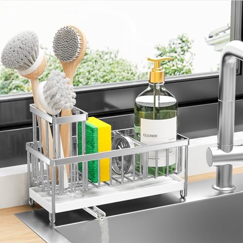 Cisily Sponge Holder for Kitchen Sink, Sink Caddy with High Brush Holder, Organzier Rustproof 304 Stainless Steel Dish Organizer Divider, Soap Dispenser Storage (Black) - PuriLite