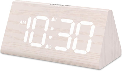 Odokee Wooden Digital Alarm Clock for Bedroom: Electric Desk Clock with Large LED Display - Brown - PuriLite