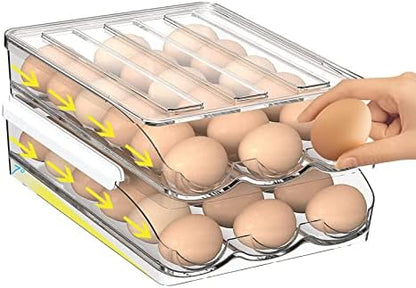 Auto Rolling Egg Storage for Fridge | Stackable Egg Organizer | Refrigerator Egg Holder with Lid | Kitchen Fridge Storage Box | Space Saving Egg Container - PuriLite