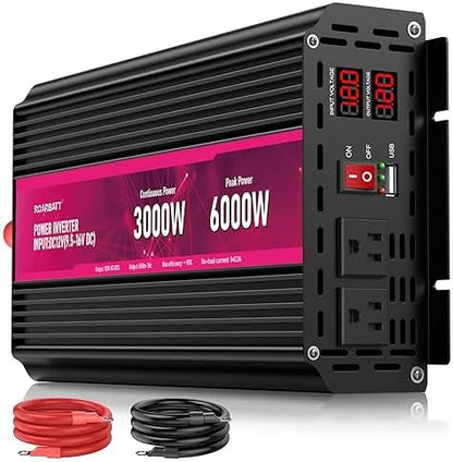 3000W Power Inverter,12V DC to AC 110V120V Peak Power 6000W with 2AC Outlets and 2.4USB Port,LCD Display Car Inverter for Outdoor Activities,Emergency - PuriLite