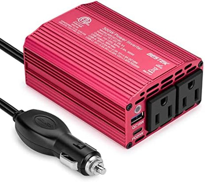 BESTEK 300W Car Power Inverter with 20W PD USB C and QC3.0 Quick Charging, DC 12V to 110V AC Car Plug Adapter Outlet Converter Multi-Protection Car Charger Power Inverter for Laptop Computer - PuriLite