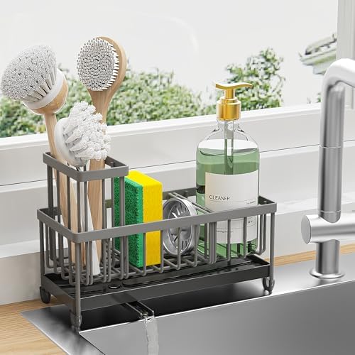 Cisily Sponge Holder for Kitchen Sink, Sink Caddy with High Brush Holder, Organzier Rustproof 304 Stainless Steel Dish Organizer Divider, Soap Dispenser Storage (Black) - PuriLite
