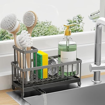 Cisily Sponge Holder for Kitchen Sink, Sink Caddy with High Brush Holder, Organzier Rustproof 304 Stainless Steel Dish Organizer Divider, Soap Dispenser Storage (Black) - PuriLite