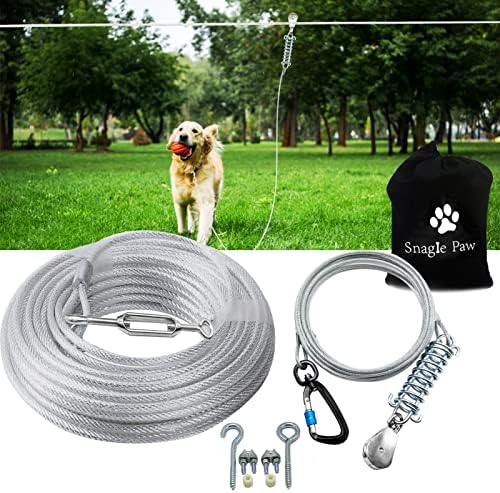 Snagle Paw Dog Tie Out Runner for Yard,Trolley System for Large Dogs,Heavy Duty Dog Run Cable with 10ft Pulley Runner Line for Dogs Up to 125lbs,Yard or Camping,75ft - PuriLite