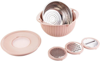 4 in 1 Colander with Bowl Set, Double Layer Fruit Cleaner, Salad Spinner, Rotatable Strainers, for Draining Cooked Pasta, Noodles,Vegetables, Fruits and Rice (Beige) - PuriLite