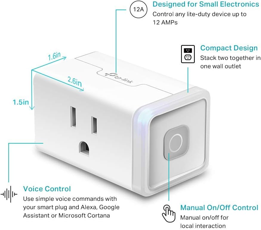 Kasa Smart Plug Mini by TP-Link (HS103P2) - Smart Home WiFi Outlet Works with Alexa, Echo and Google Home, No Hub Required, Remote Control, 2.4GHz WiFi Required, 15 Amp, UL Certified, 2-Pack, White - PuriLite